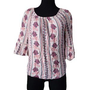 Laura Scott Peasant Blouse Paisley Boho Indie Gyspy Pink White Bell Sleeves Smal
